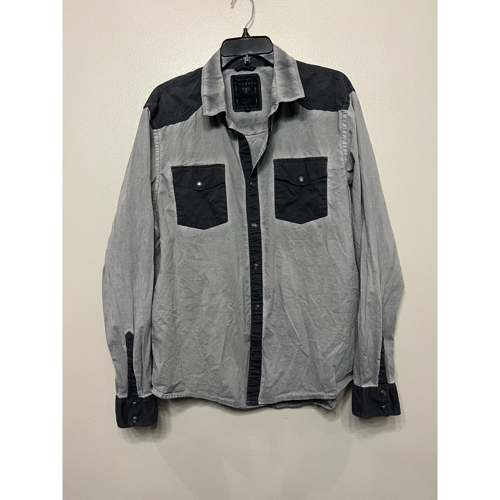 Guess Western Slim Fit Shirt Mens XL Grey Black Pearl Snap Colorblock Cowboy Y2K